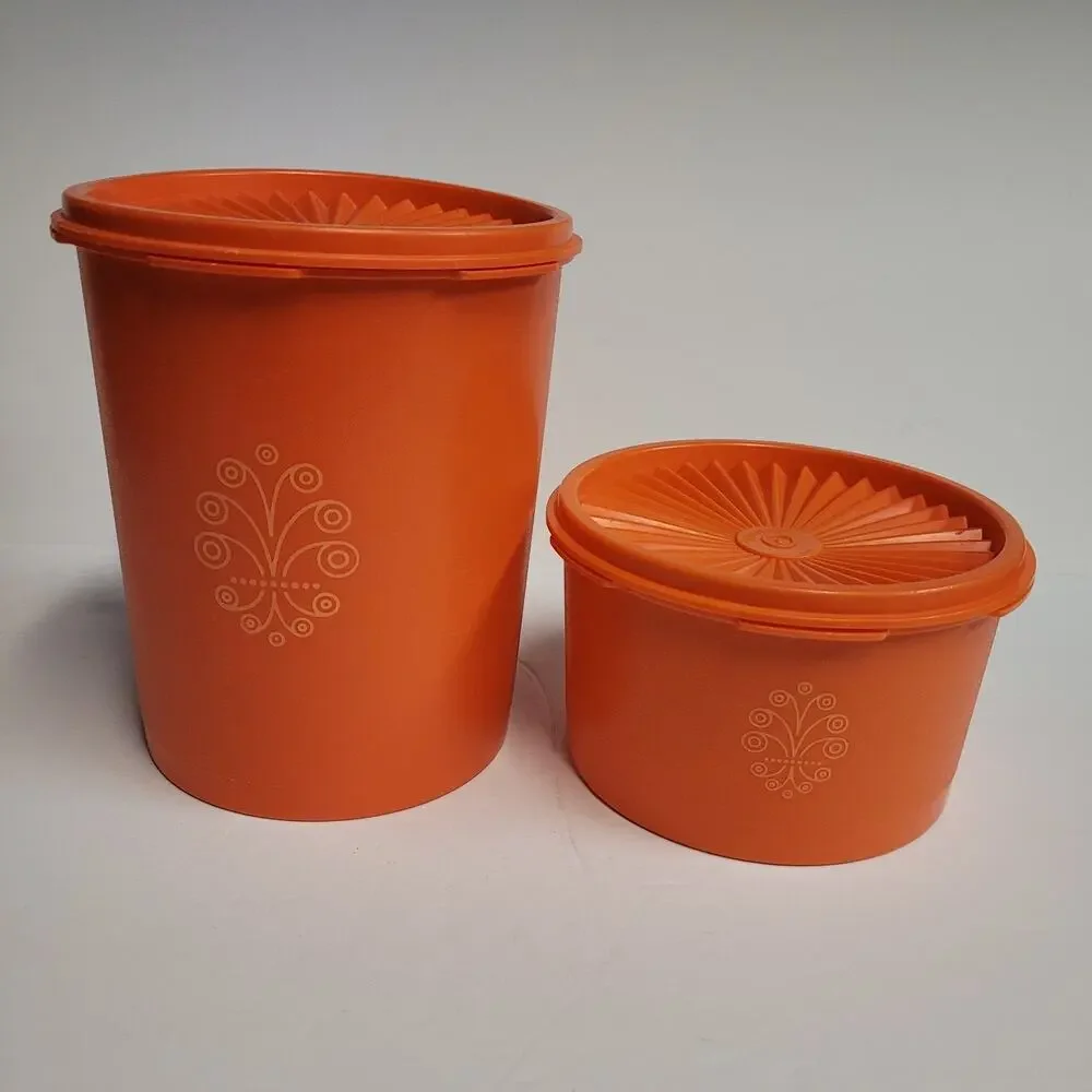 Tupperware Canister Set With Lids Orange Harvest Servalier Vintage Set of 2